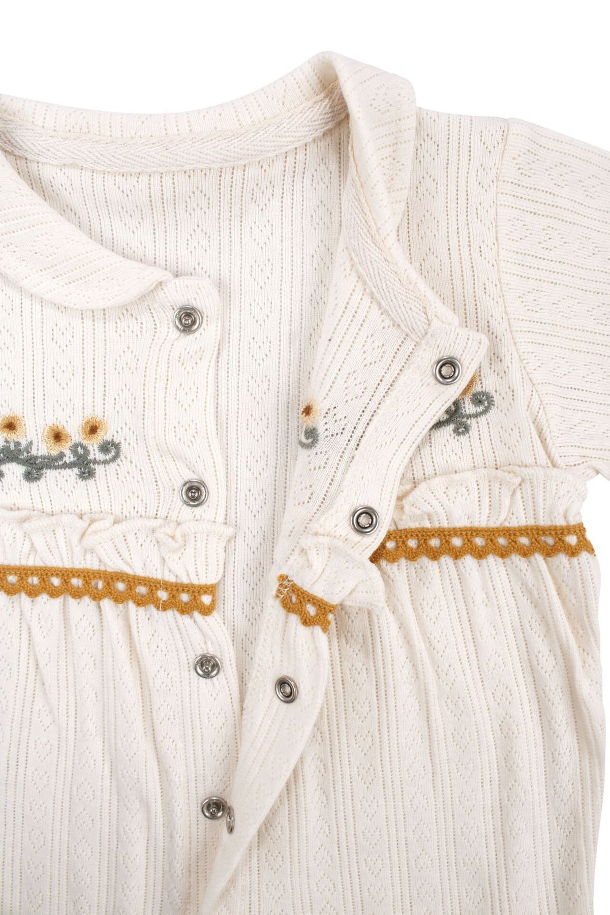 Kız Bebek Ekru Sarı Çiçek Nakışlı Patikli Yakalı Tulum