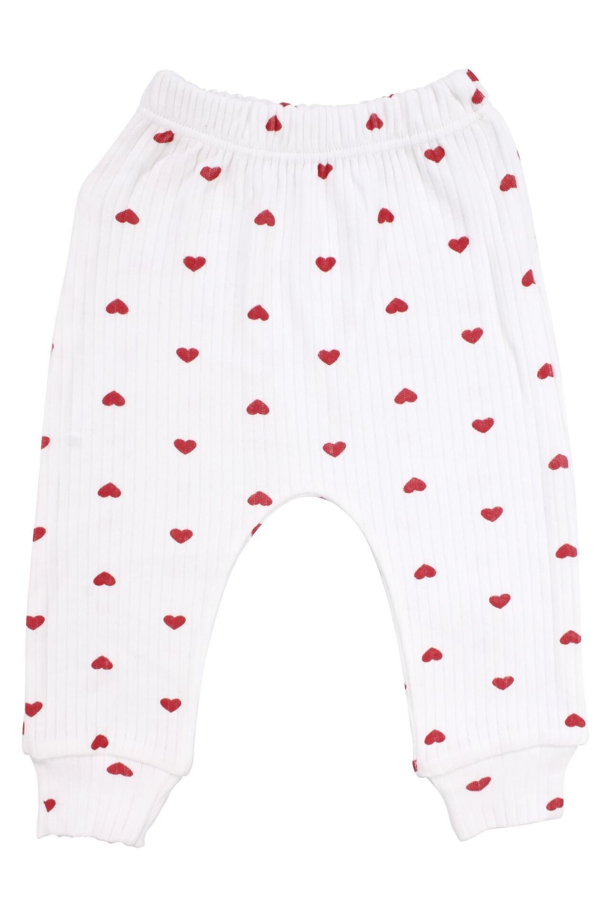 Kız Bebek Ekru Kırmızı Kalp Desenli Fiyonklu Bereli Zıbın Takım