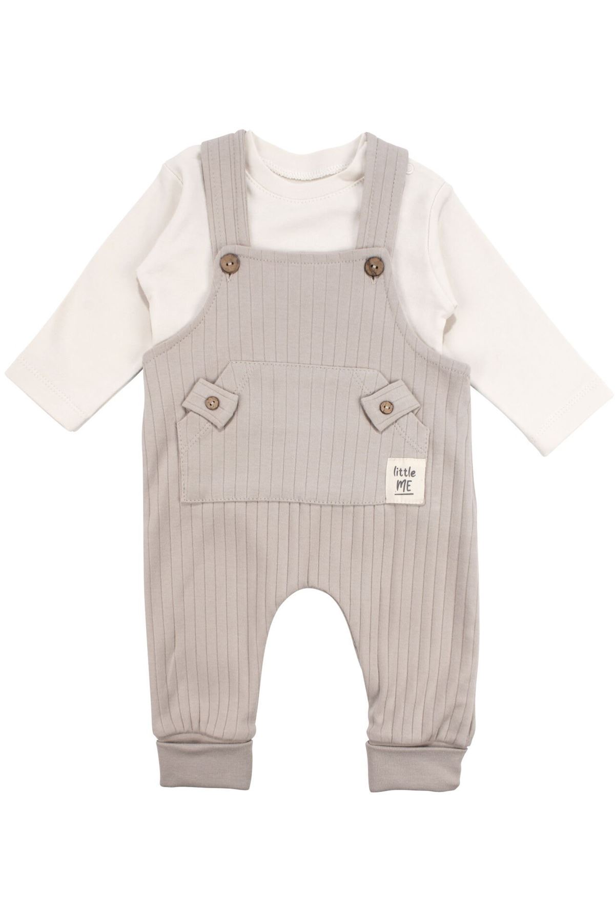 Erkek Bebek Bej Çizgili Cepli Salopetli Badili Tulum