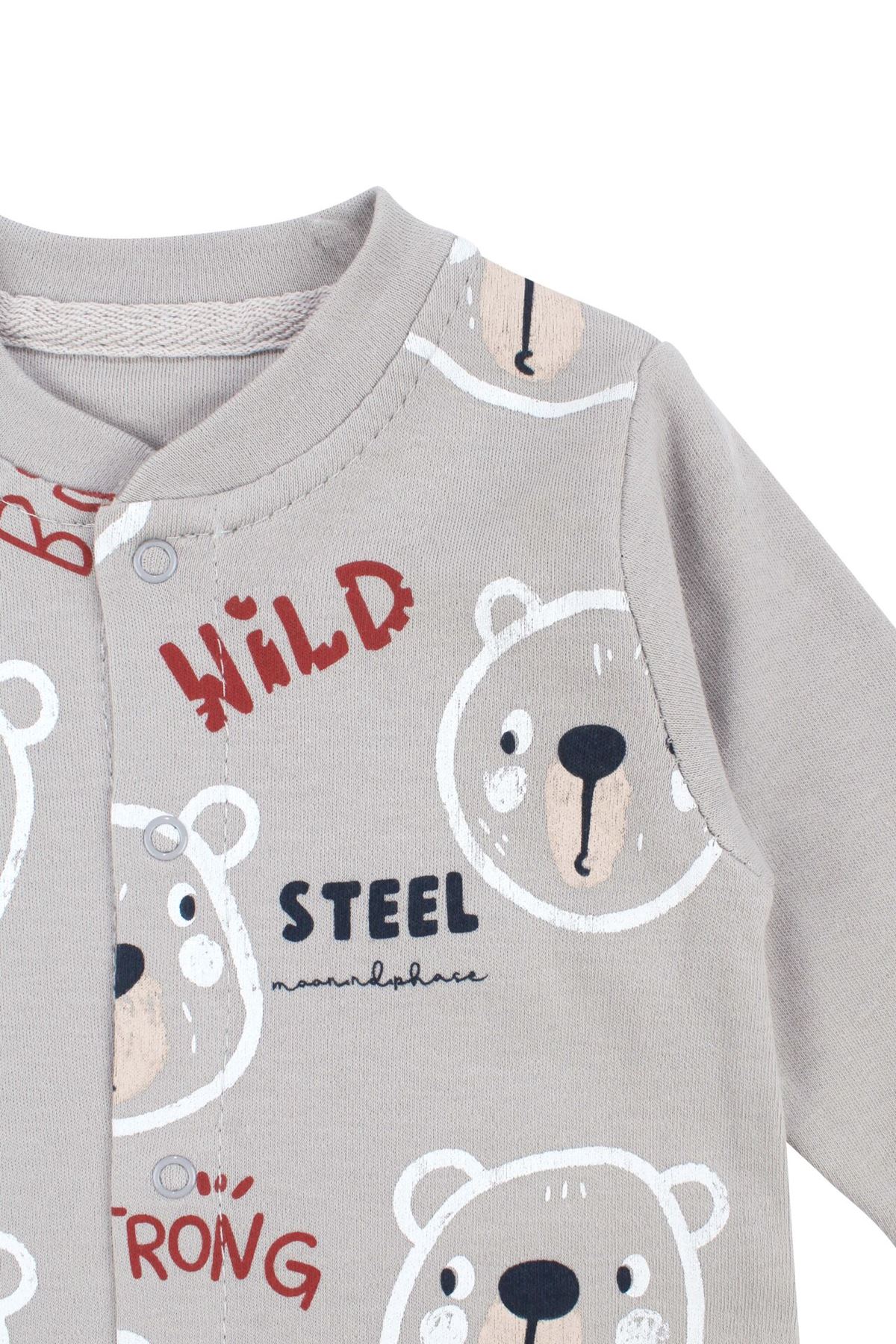 Erkek Bebek Gri Wild Ayıcık Baskılı Patikli Tulum