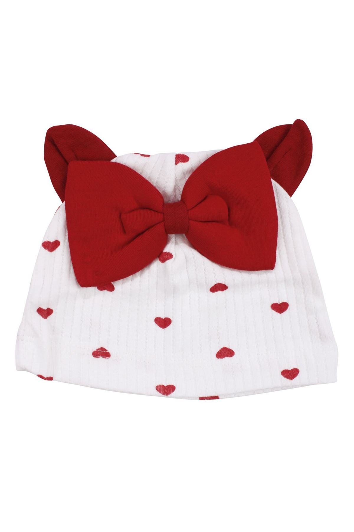 Kız Bebek Ekru Kırmızı Kalp Desenli Fiyonklu Bereli Zıbın Takım