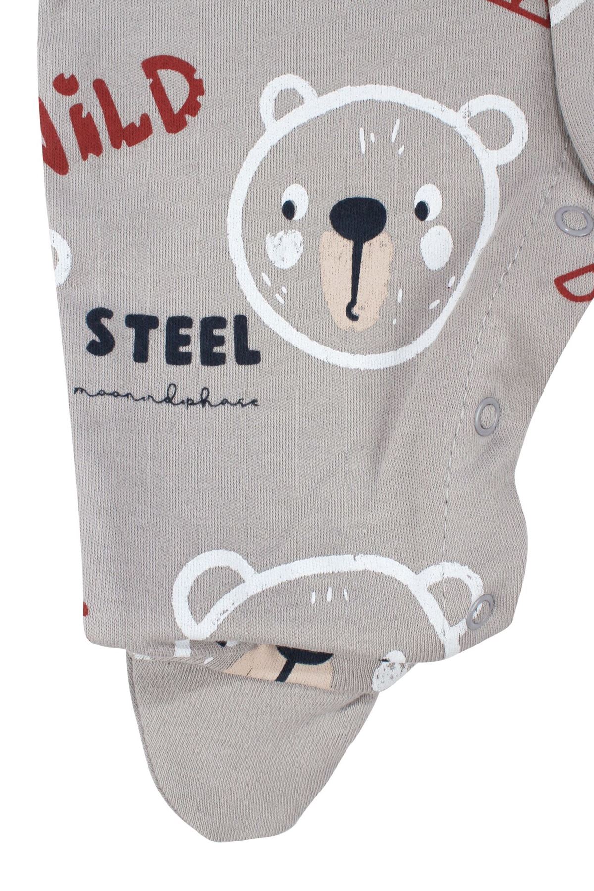 Erkek Bebek Gri Wild Ayıcık Baskılı Patikli Tulum