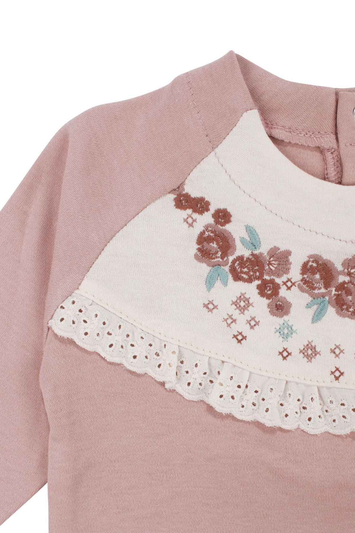 Kız Bebek Gül Kurusu Çiçek Nakışlı Fistolu Tulum