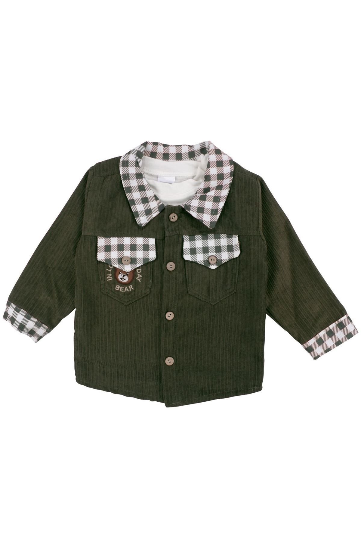 Erkek Bebek Ekru Yeşil Ekose Desenli Şönil Ceketli 3'lü Takım