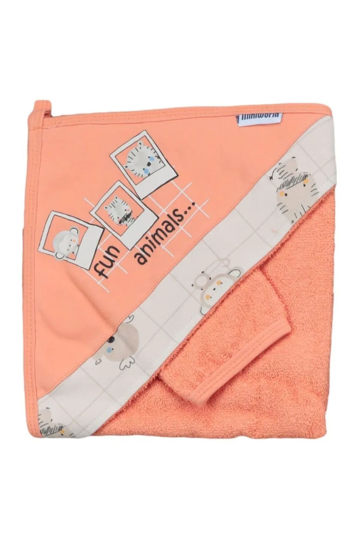 Erkek Bebek Turuncu Fan Animals Yazılı Hayvanlı Desenli Havlu Lif Set