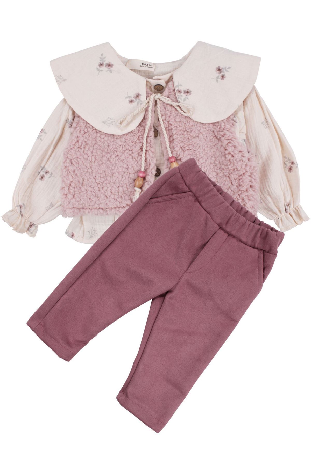 Kız Bebek Ekru Pembe Peluş Yelekli Müslin Gömlekli 3'lü Lüks Takım