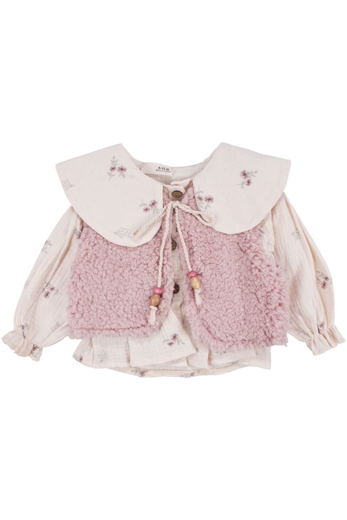 Kız Bebek Ekru Pembe Peluş Yelekli Müslin Gömlekli 3'lü Lüks Takım