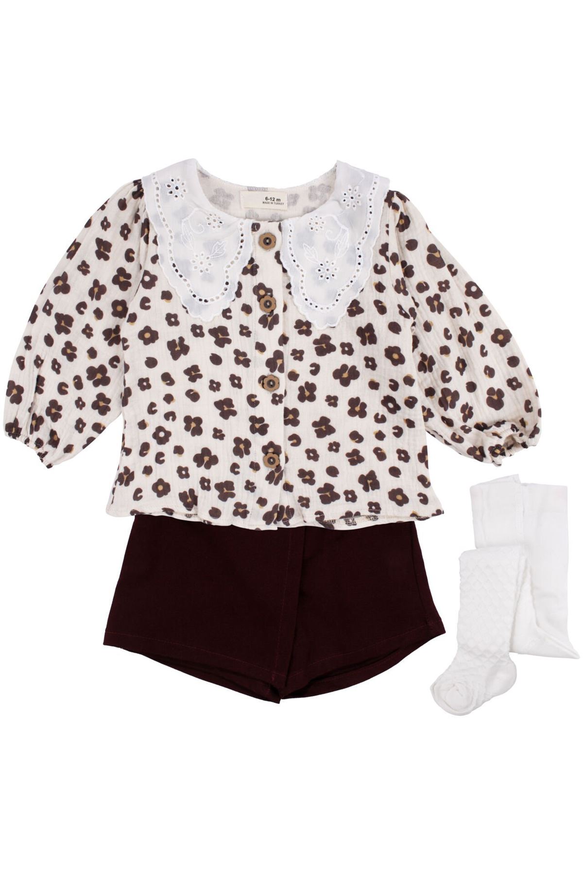 Kız Bebek Ekru Bordo Çiçek Desenli Şort Etekli 3'lü Lüks Takım
