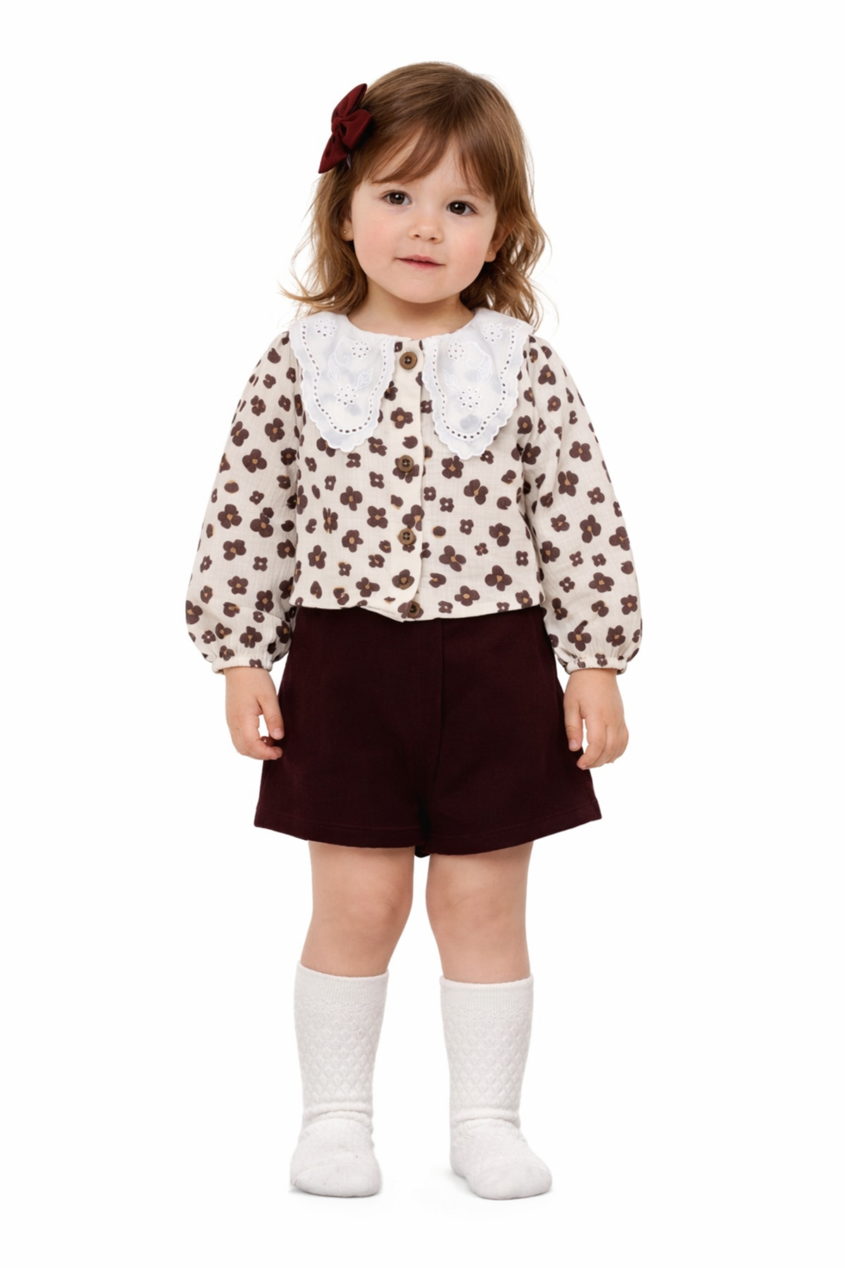 Kız Bebek Ekru Bordo Çiçek Desenli Şort Etekli 3'lü Lüks Takım