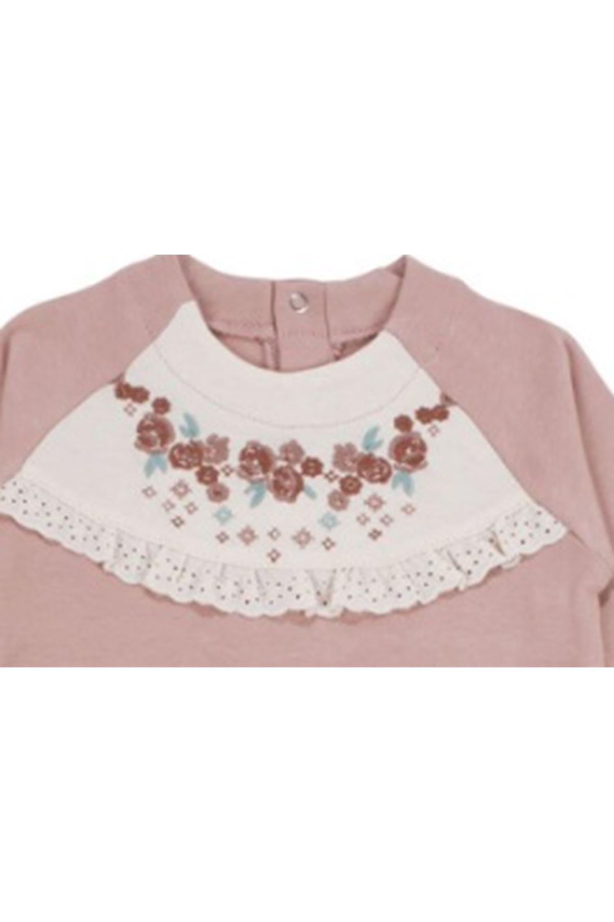 Kız Bebek Gül Kurusu Çiçek Nakışlı Fistolu Tulum