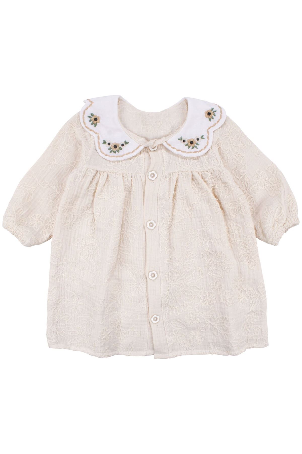 Kız Bebek Bej Nakışlı Yakalı Müslin Elbise