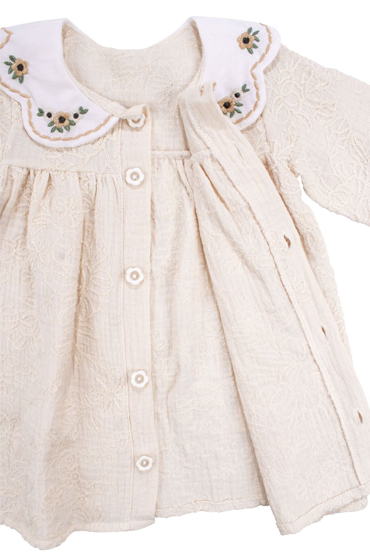 Kız Bebek Bej Nakışlı Yakalı Müslin Elbise