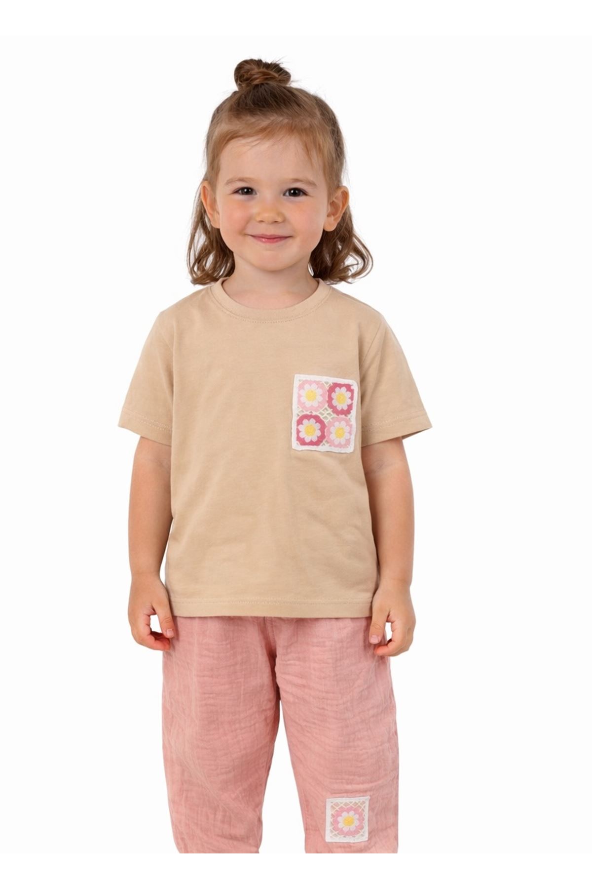 Kız Çocuk Bej Pembe Keten Pantalonlu Papatyalı 2 li Takım