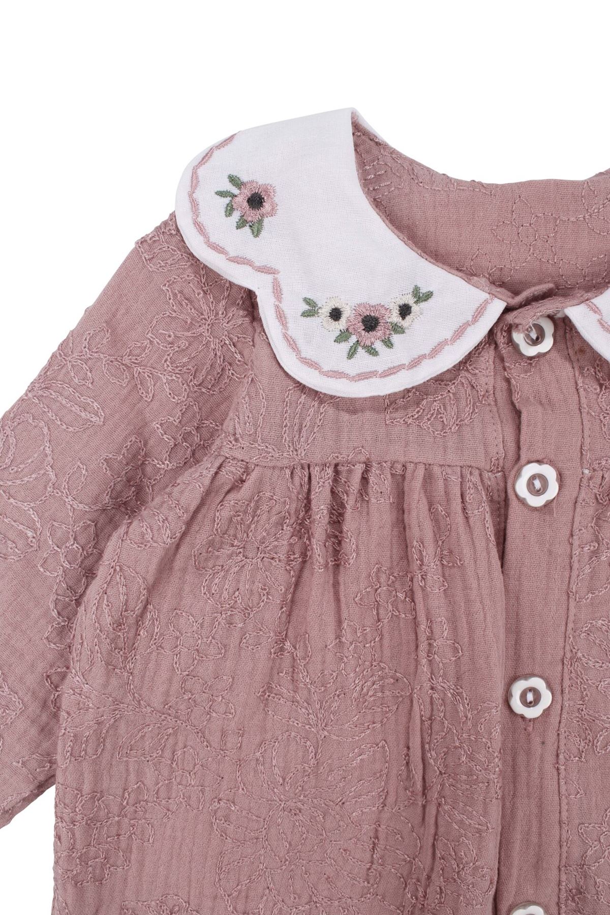 Kız Bebek Gül Kurusu Nakışlı Yakalı Müslin Elbise