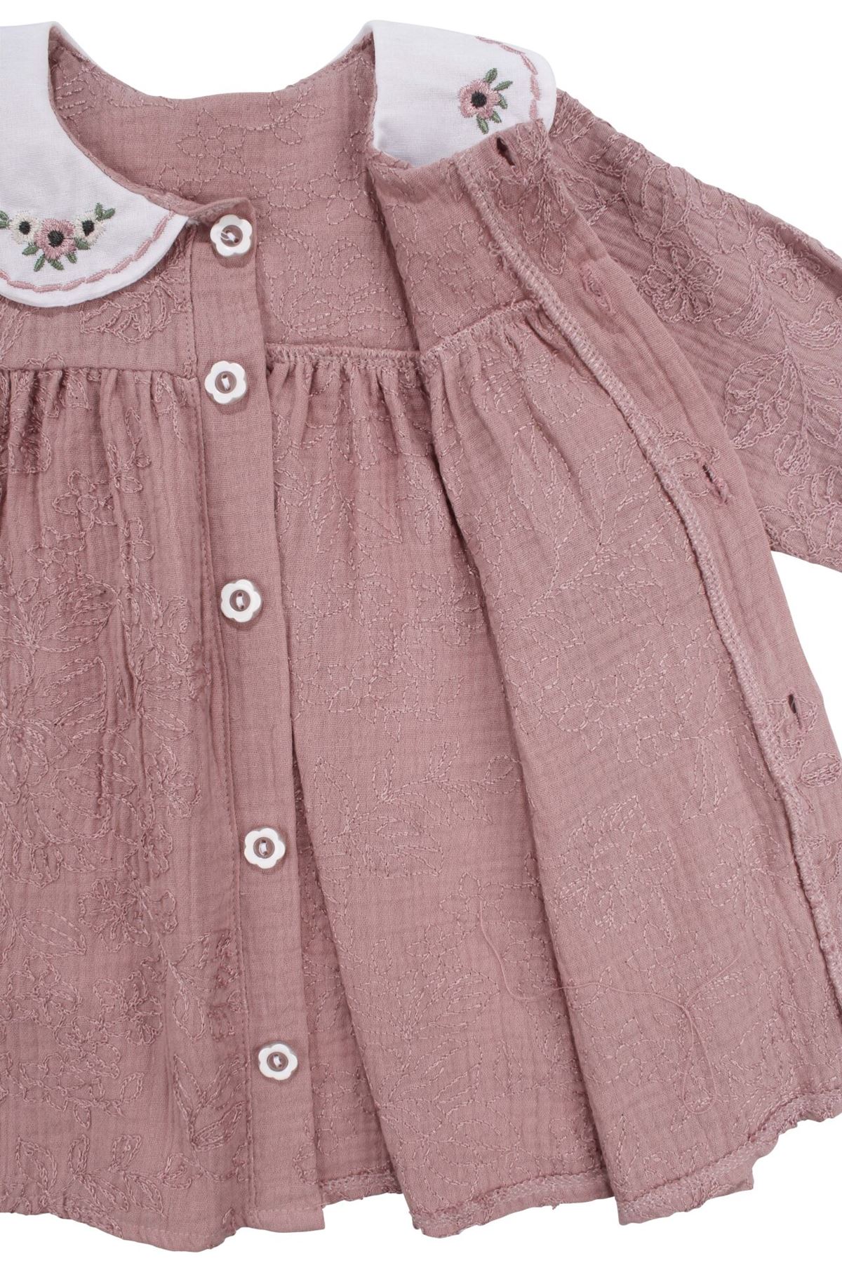 Kız Bebek Gül Kurusu Nakışlı Yakalı Müslin Elbise