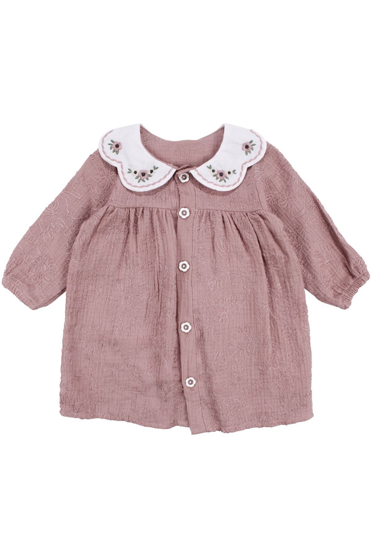 Kız Bebek Gül Kurusu Nakışlı Yakalı Müslin Elbise