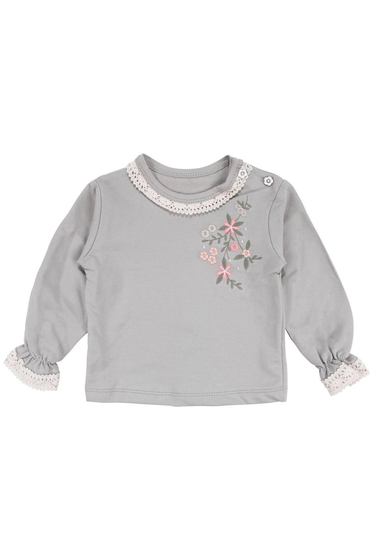 Kız Bebek Ekru Yeşil Çiçek Desenli Müslin Ceketli 3'lü Takım