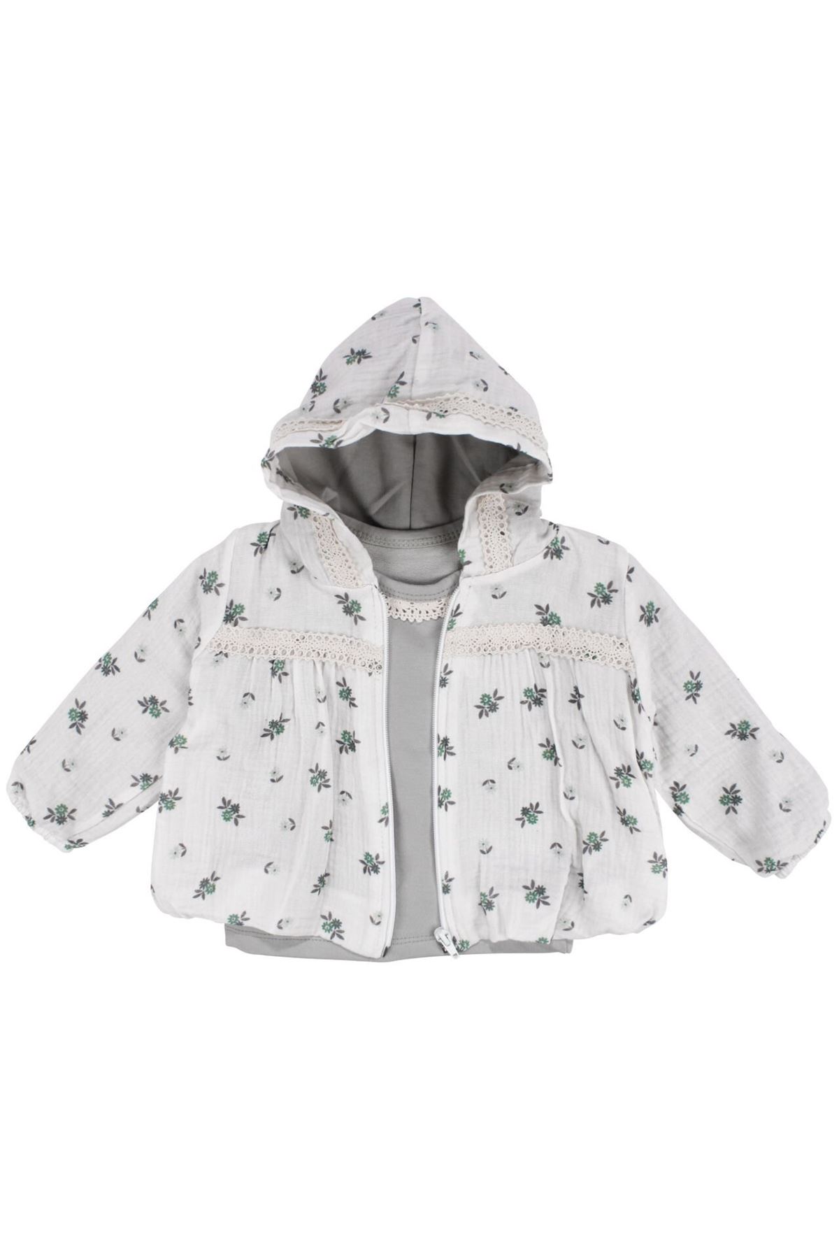 Kız Bebek Ekru Yeşil Çiçek Desenli Müslin Ceketli 3'lü Takım