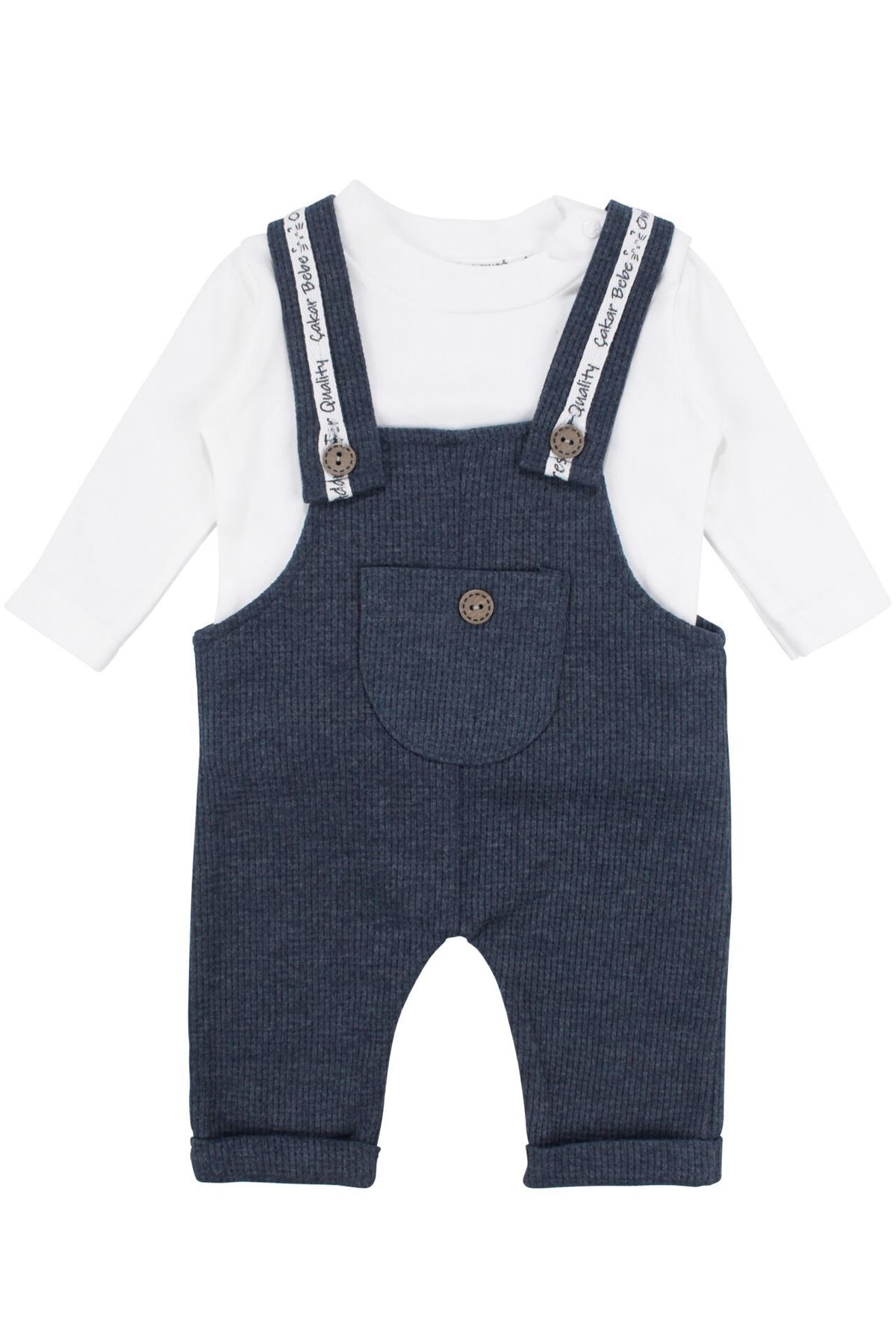 Erkek Bebek Beyaz Lacivert Waffle Salopetli 2'li Takım