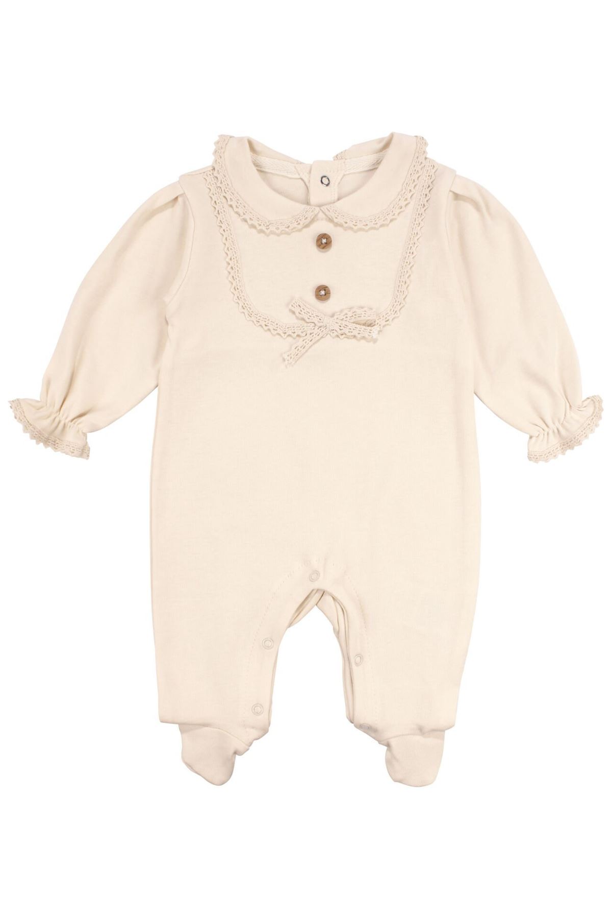 Kız Bebek Ekru Fistolu Yakalı Düğmeli Patikli Tulum
