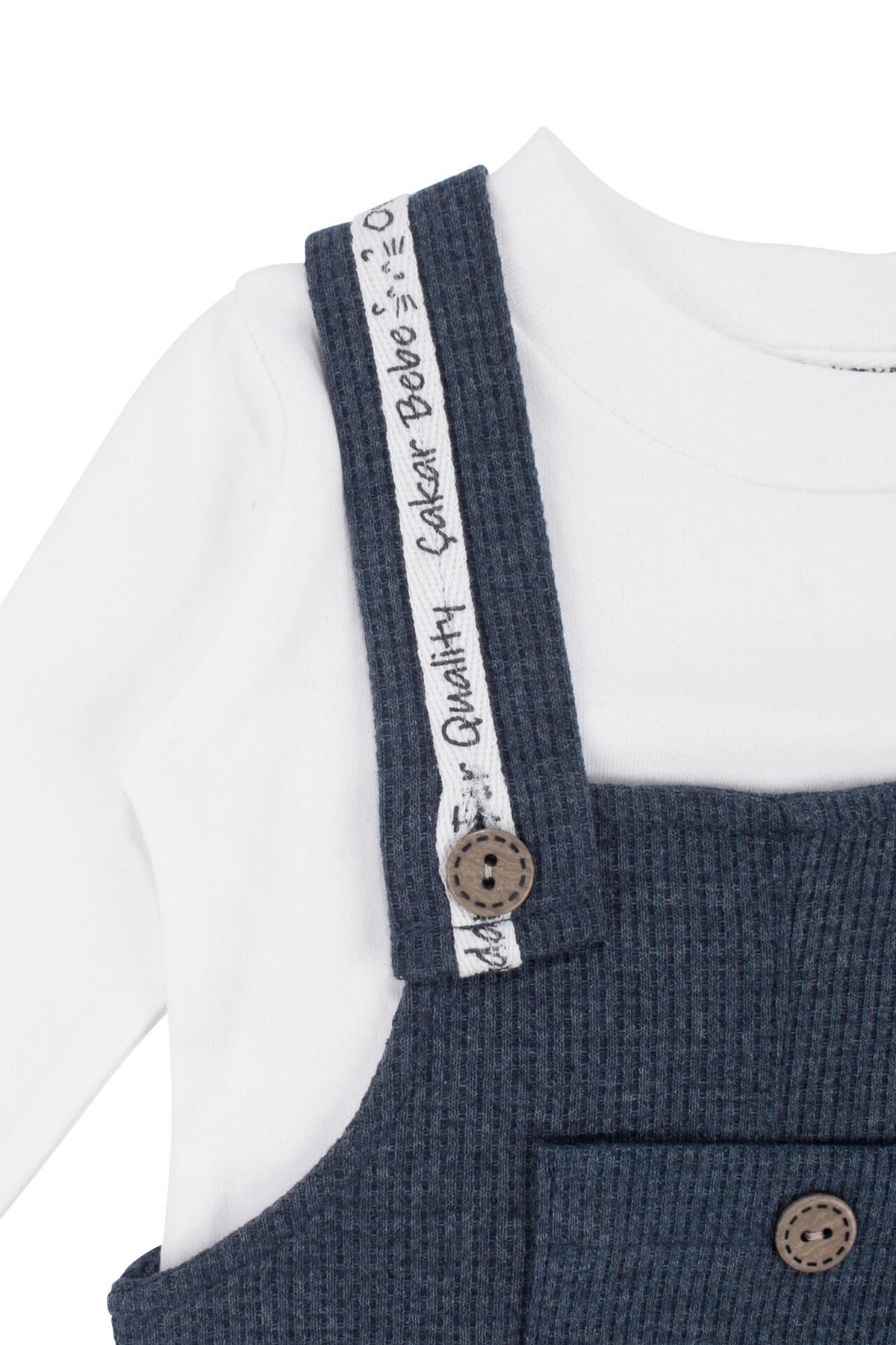 Erkek Bebek Beyaz Lacivert Waffle Salopetli 2'li Takım