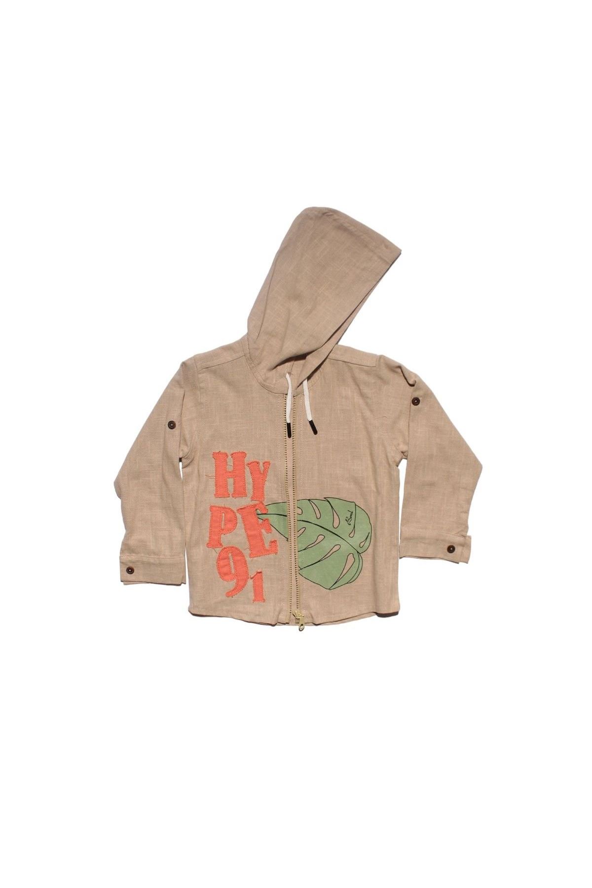 Erkek Çocuk Bej Yeşil Yaprak Desenli Müslin Hırkalı 3 lü Takım