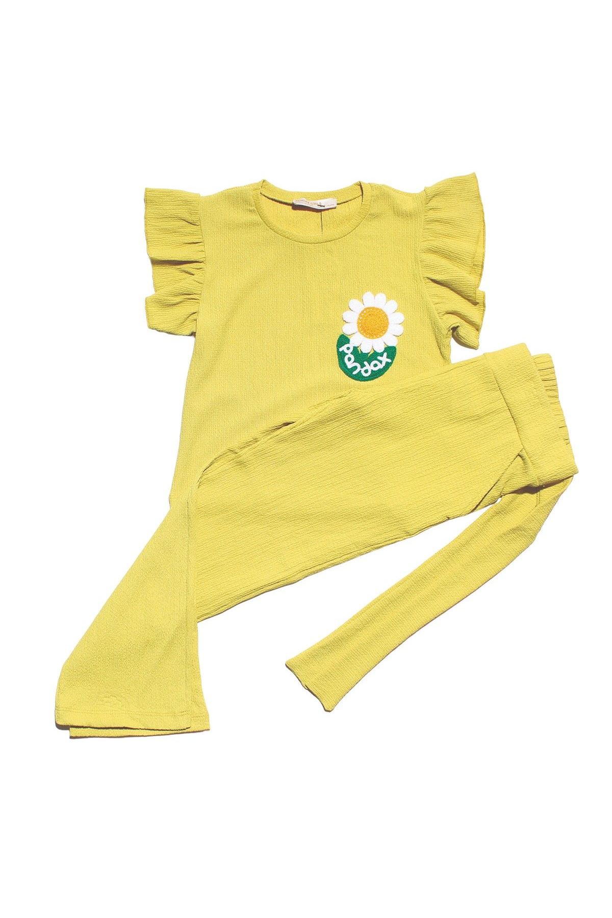 Kız Çocuk Yeşil Beyaz Papatya Nakışlı Bürümcük Pantolonlu 2'Li Takım