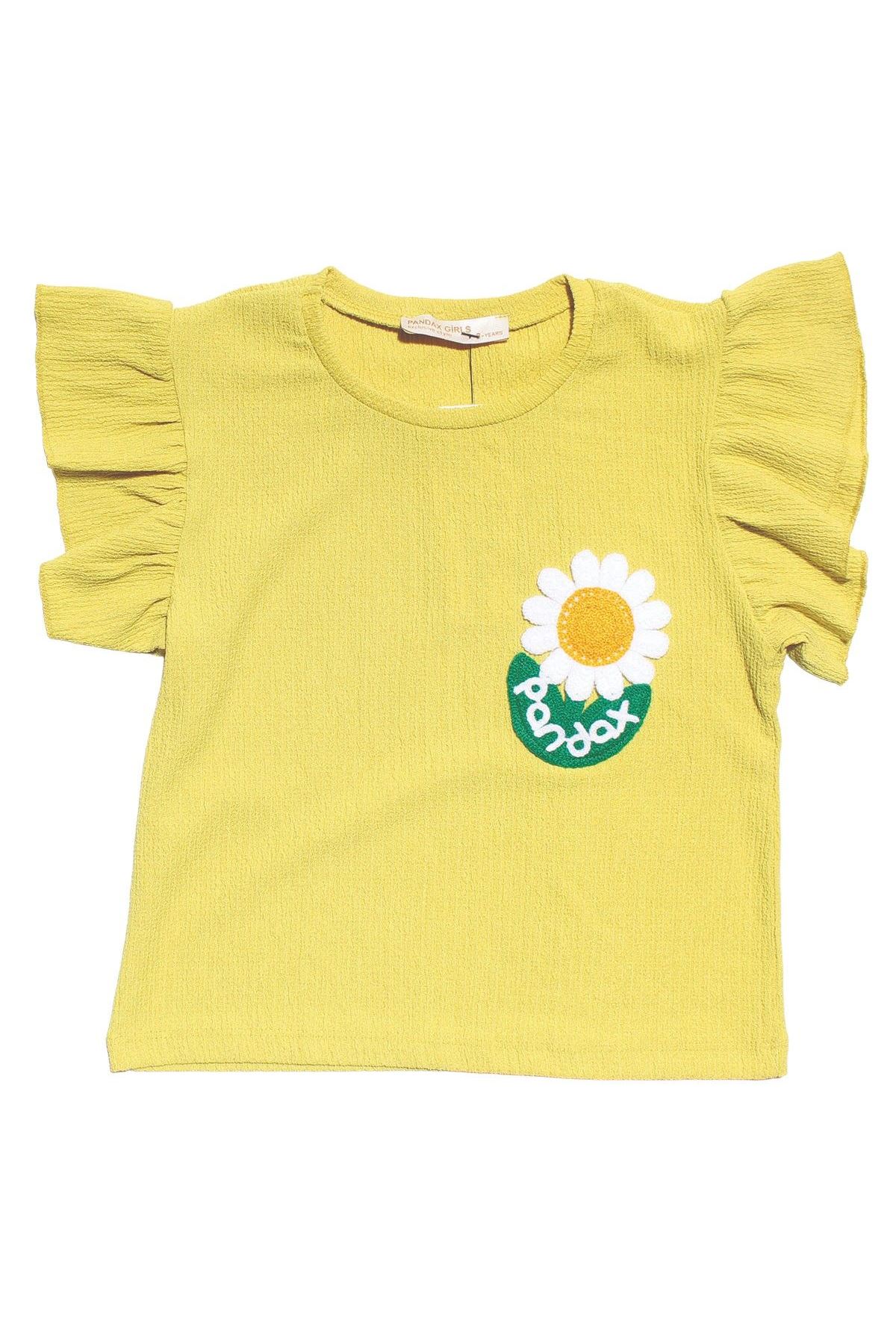 Kız Çocuk Yeşil Beyaz Papatya Nakışlı Bürümcük Pantolonlu 2'Li Takım