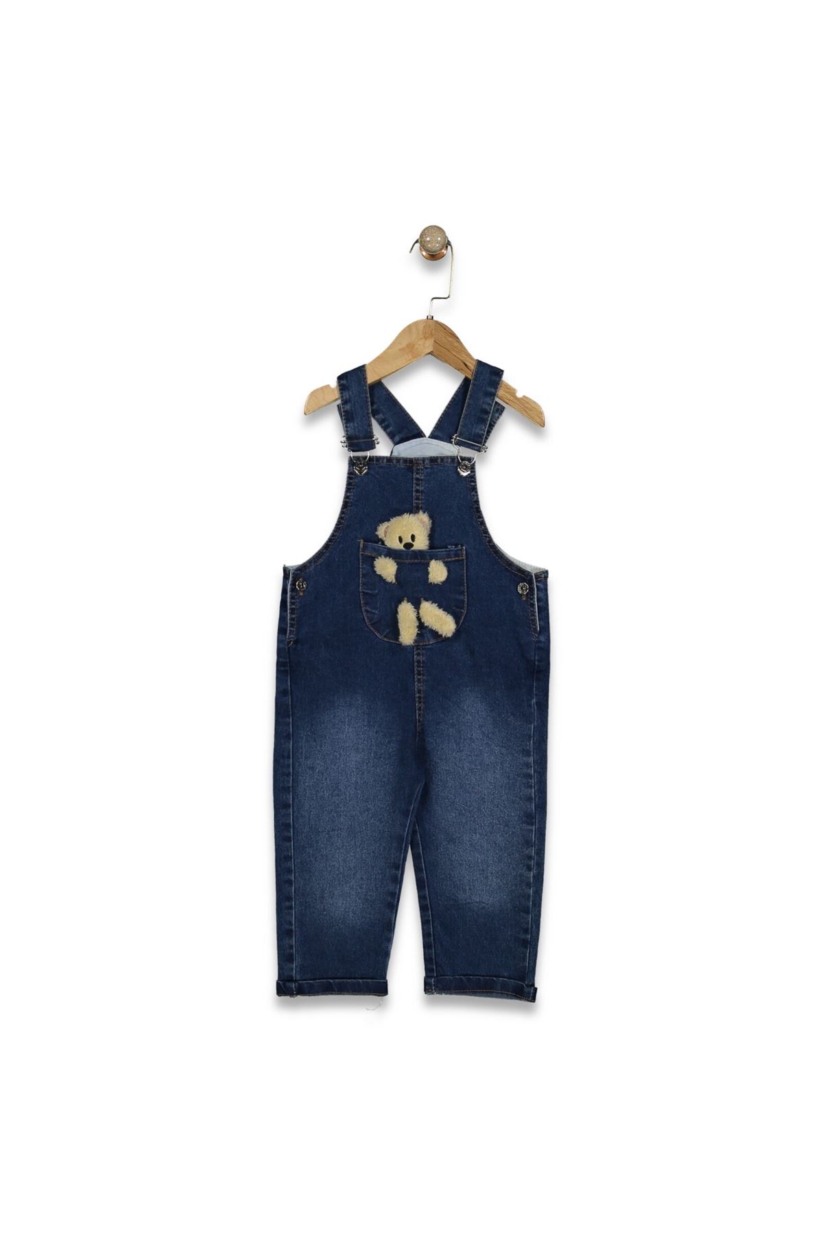 Unisex Laci Ayıcıklı Cepli Kot Salopet Tulum