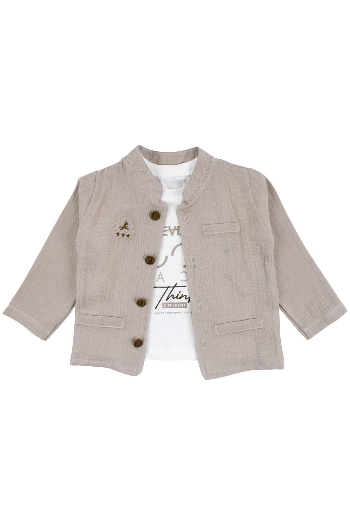 Erkek Bebek Ekru Never Look Back Yazılı Yeşil Bej Ceketli 3'lü Takım