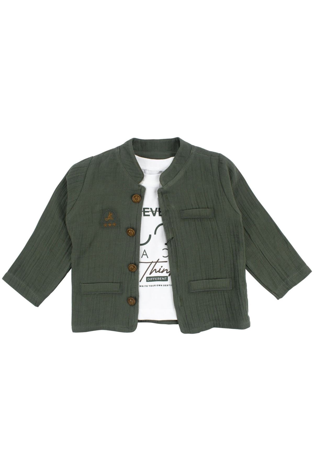 Erkek Bebek Ekru Never Look Back Yazılı Yeşil Müslin Ceketli 3'lü Takım