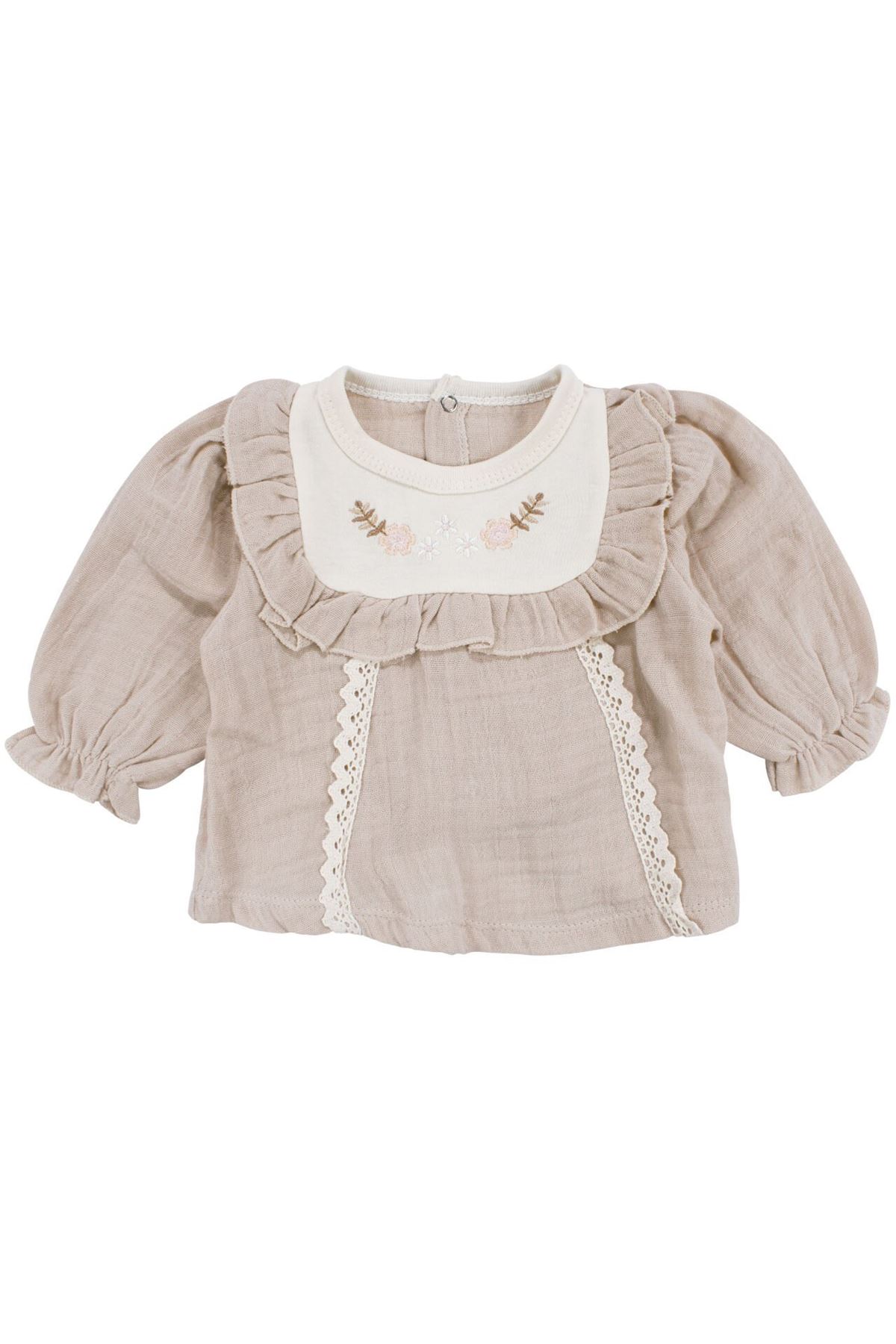 Kız Bebek Ekru Bej Müslin Fırfırlı Fistolu Çiçek Nakışlı 5 Parça Hastane Çıkış Seti