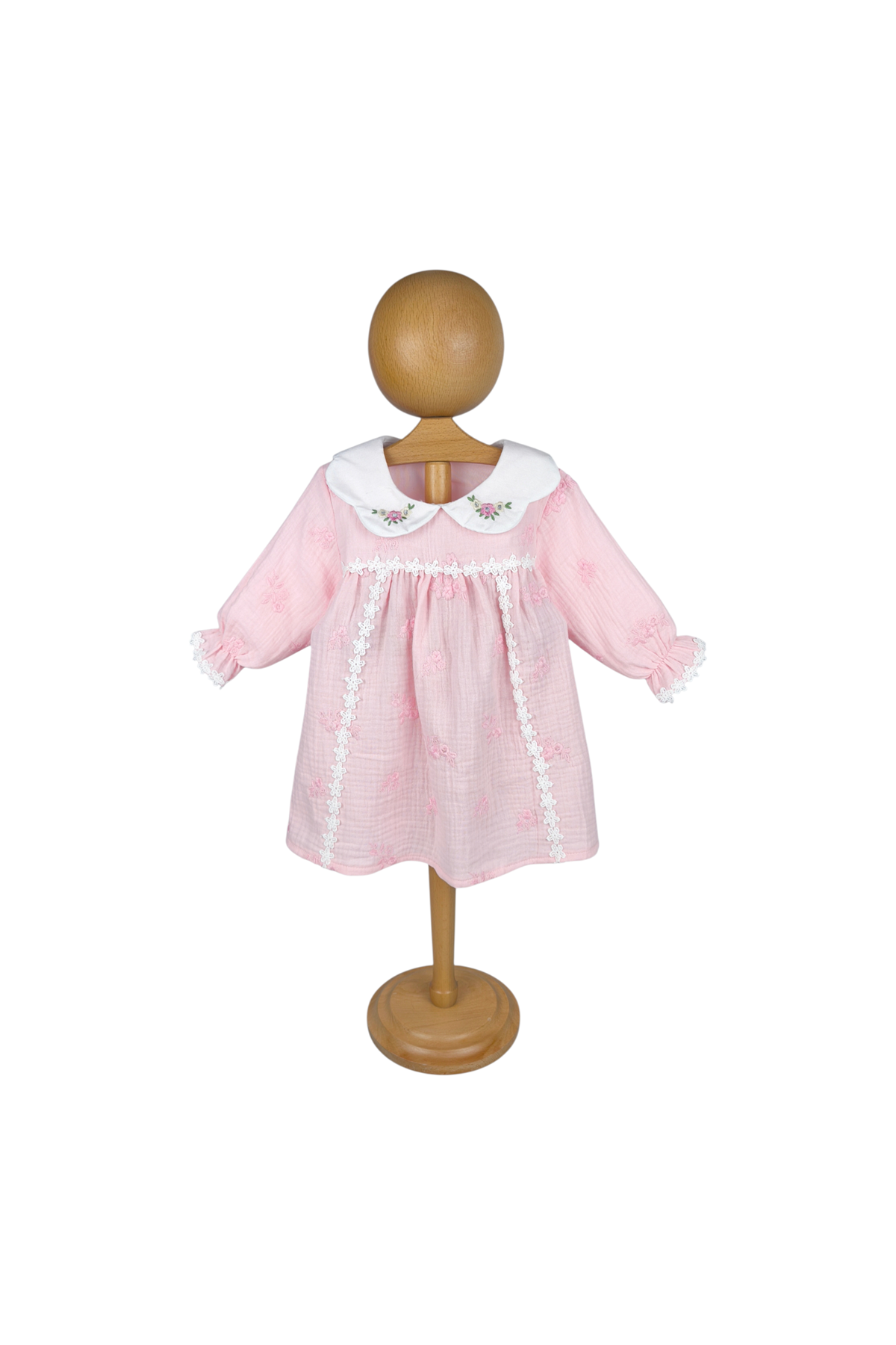 Kız Bebek Pembe Nakışlı Yakalı Fistolu Müslin Elbise