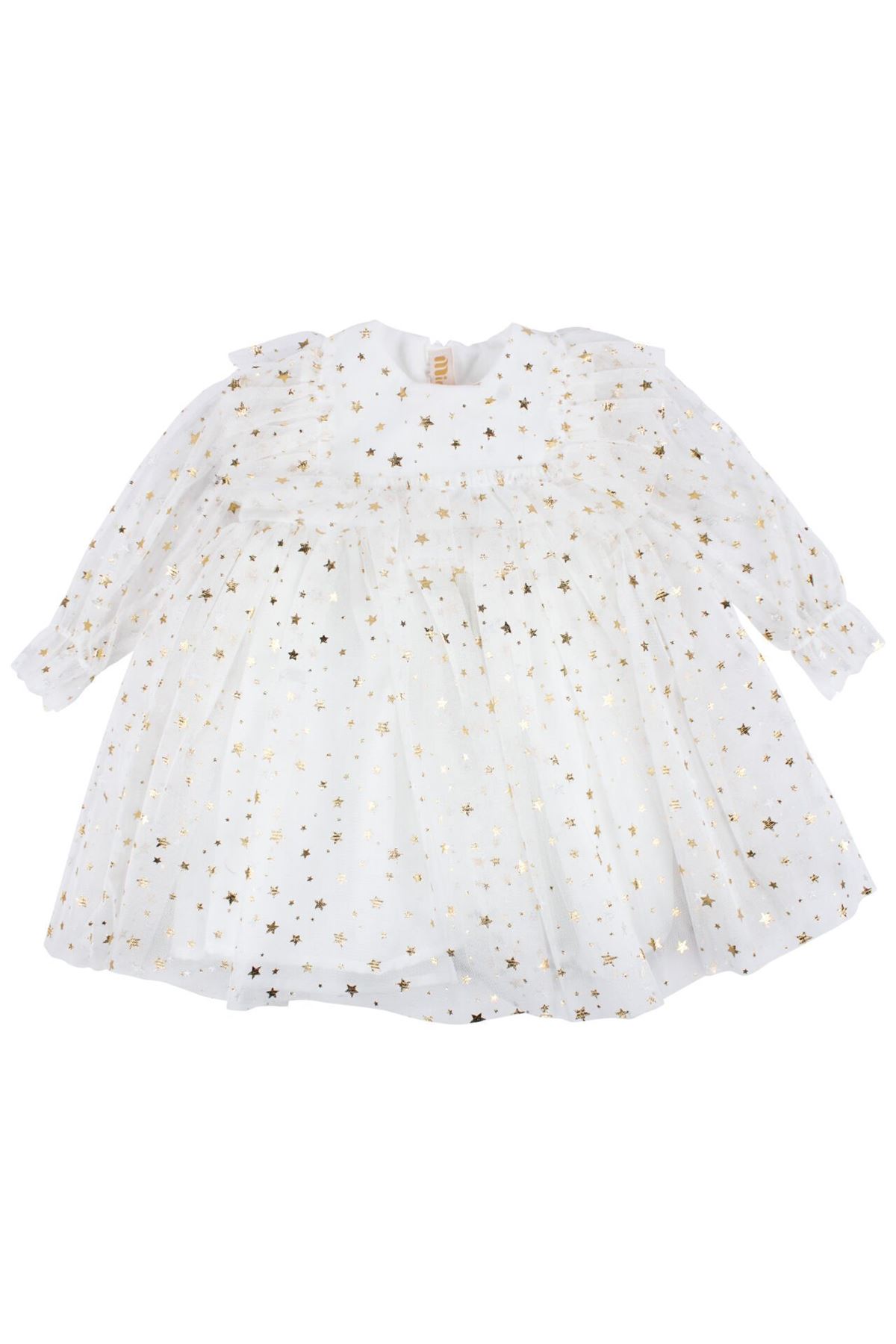 Kız Çocuk Ekru Gold Yıldız Desenli Tüllü Elbise