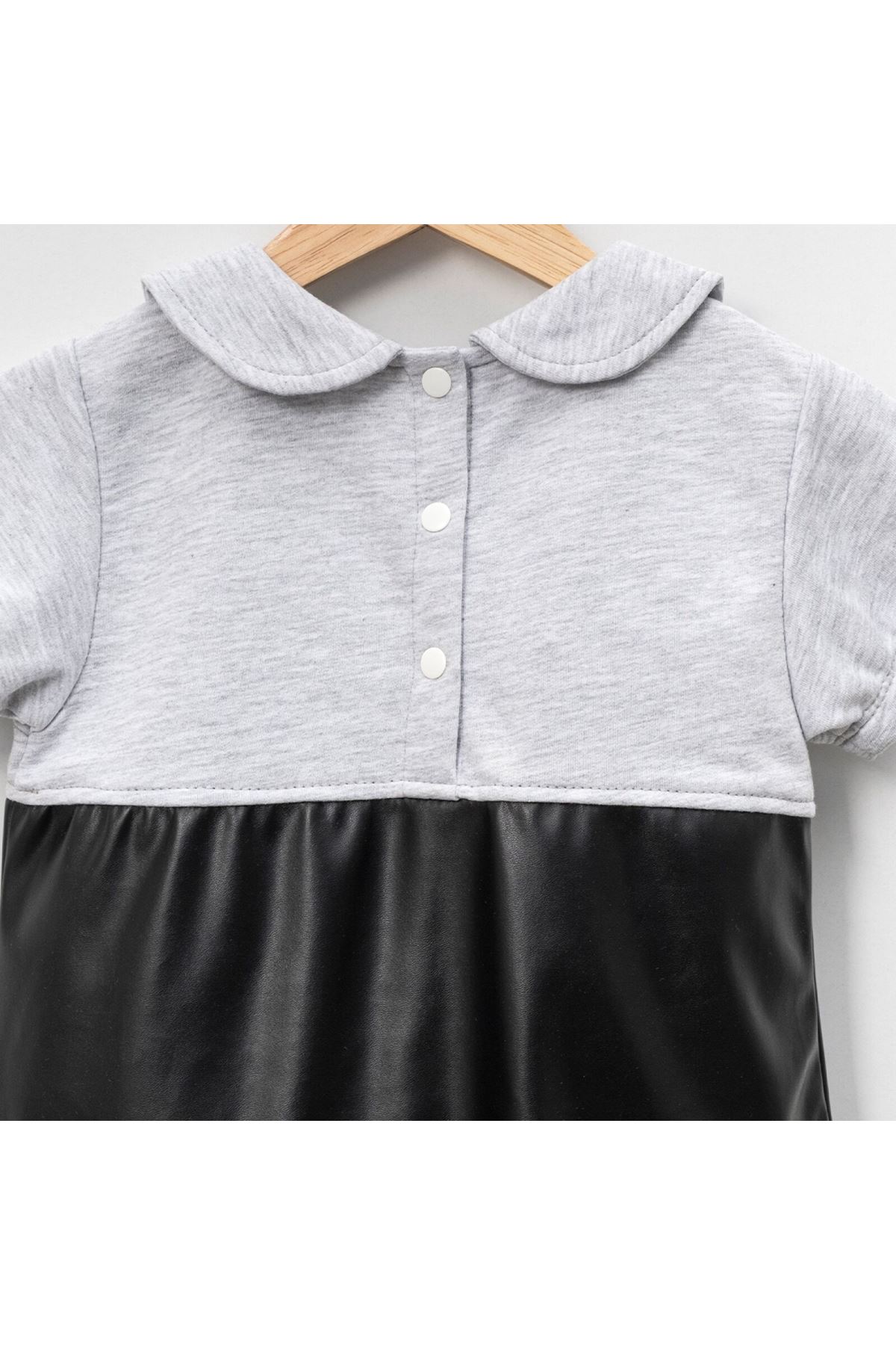 Kız Çocuk Gri Siyah Deri Fiyonklu Elbise