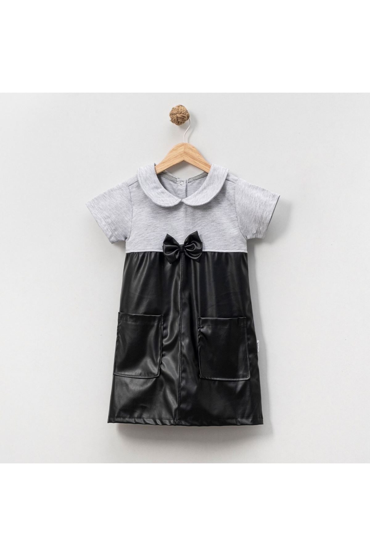 Kız Çocuk Gri Siyah Deri Fiyonklu Elbise