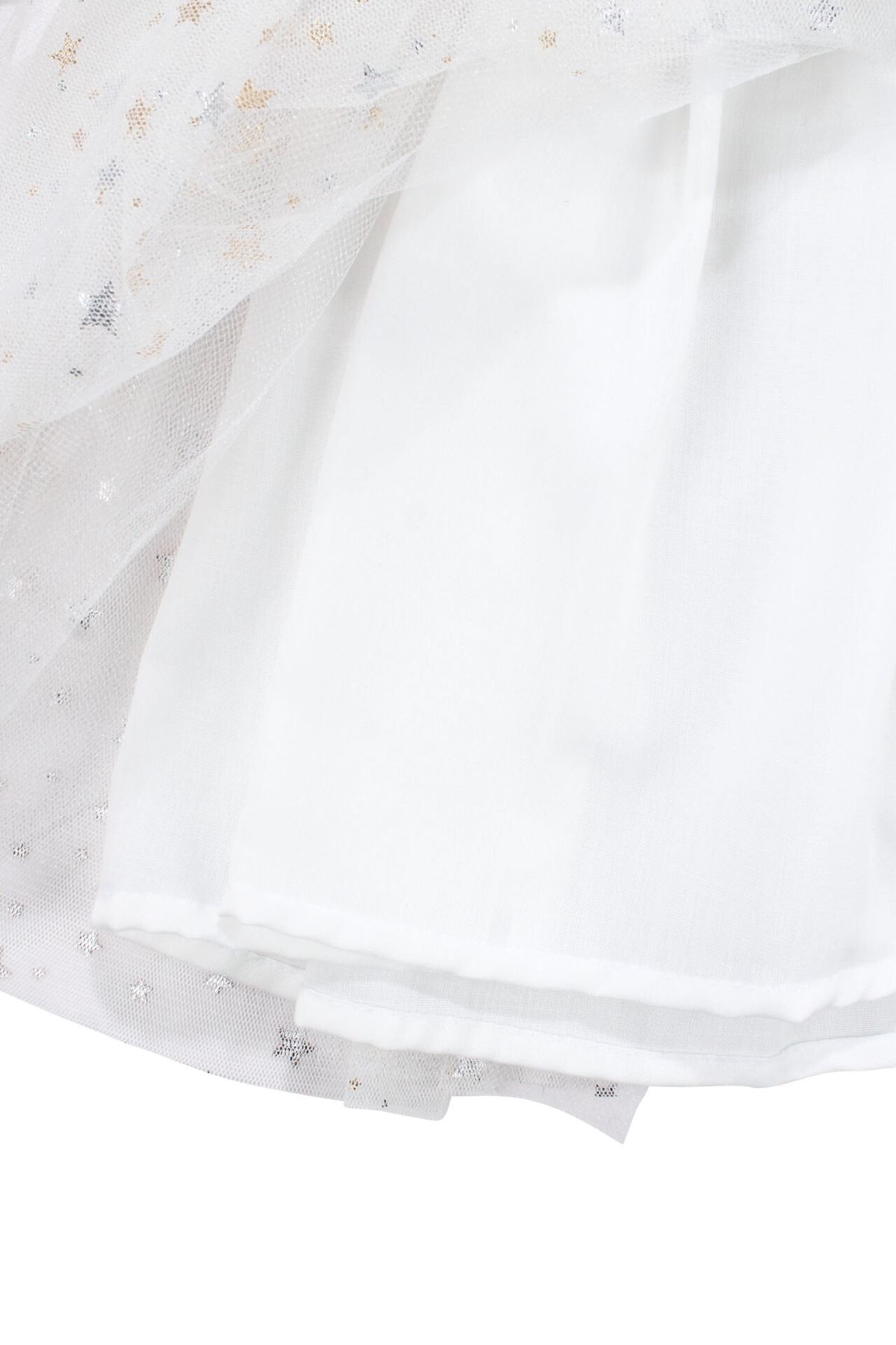 Kız Çocuk Ekru Gold Yıldız Desenli Tüllü Elbise