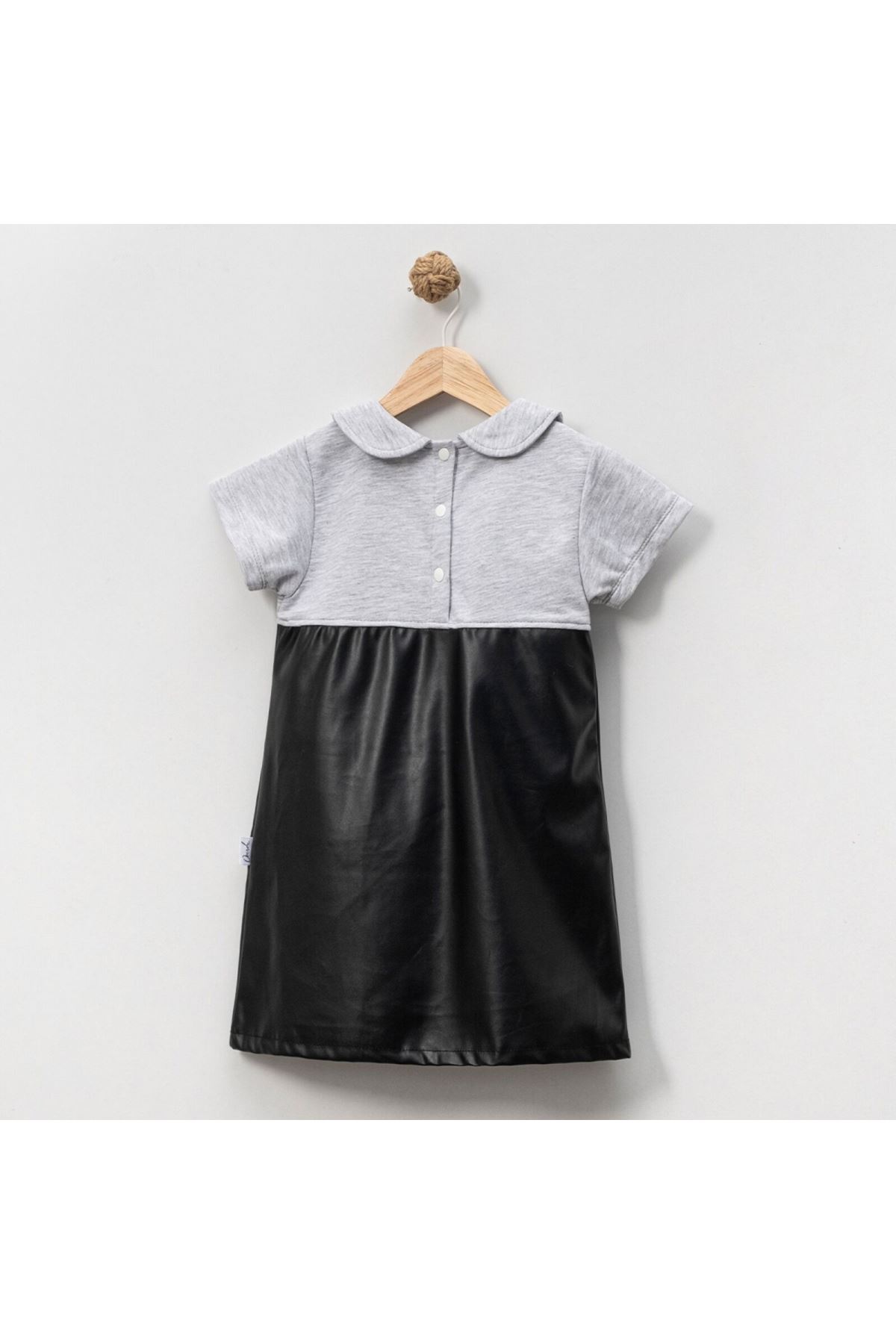 Kız Çocuk Gri Siyah Deri Fiyonklu Elbise