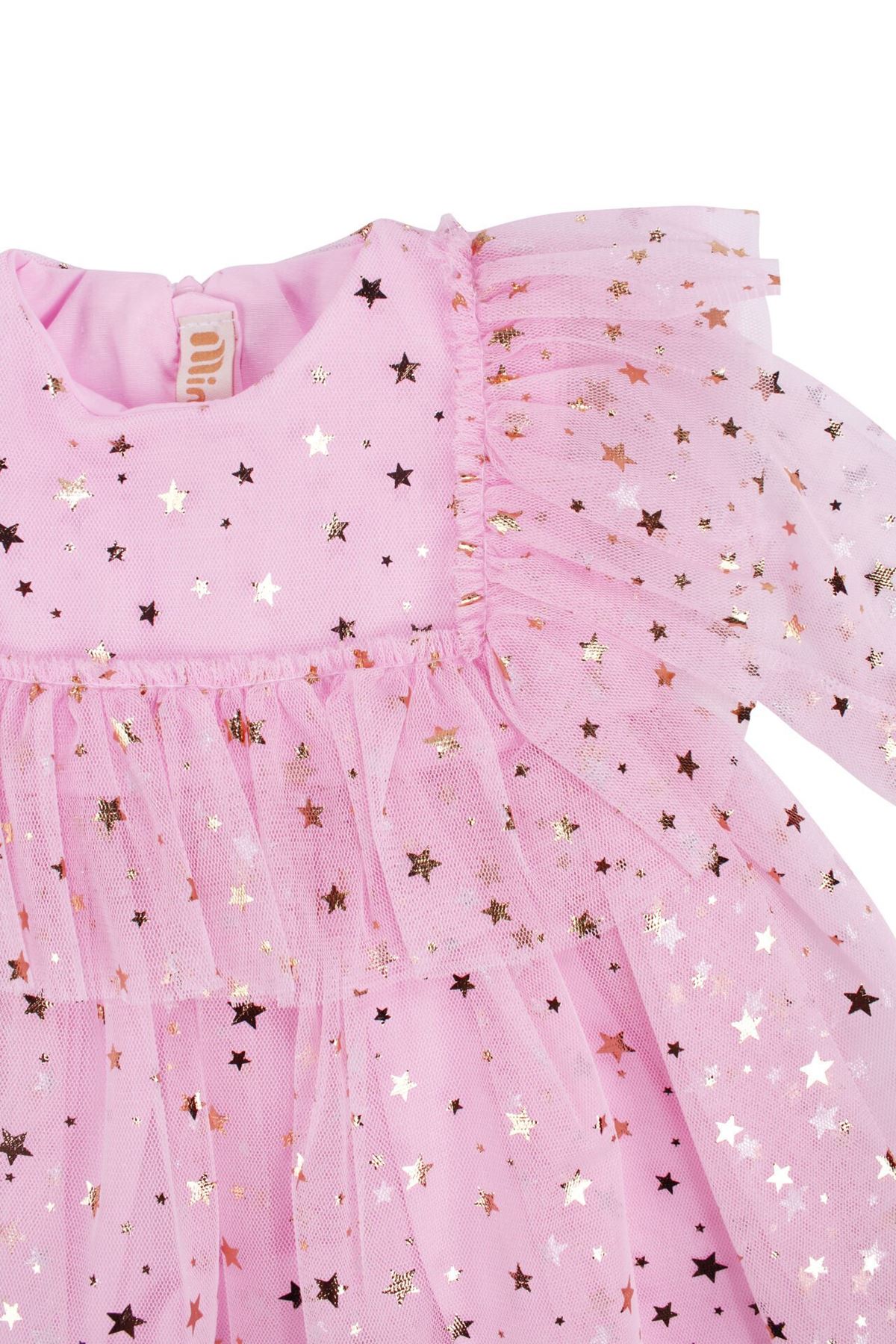 Kız Çocuk Pembe Gold Yıldız Desenli Tüllü Elbise