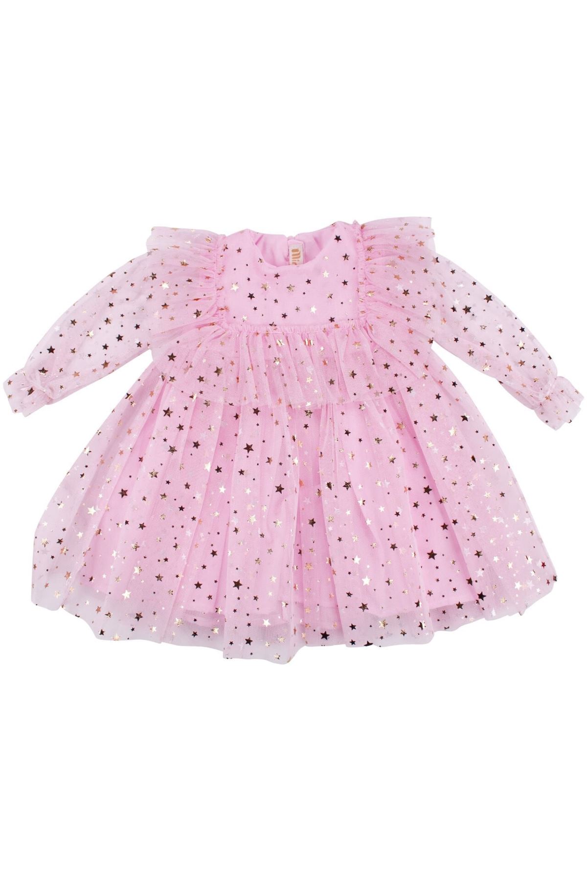 Kız Çocuk Pembe Gold Yıldız Desenli Tüllü Elbise