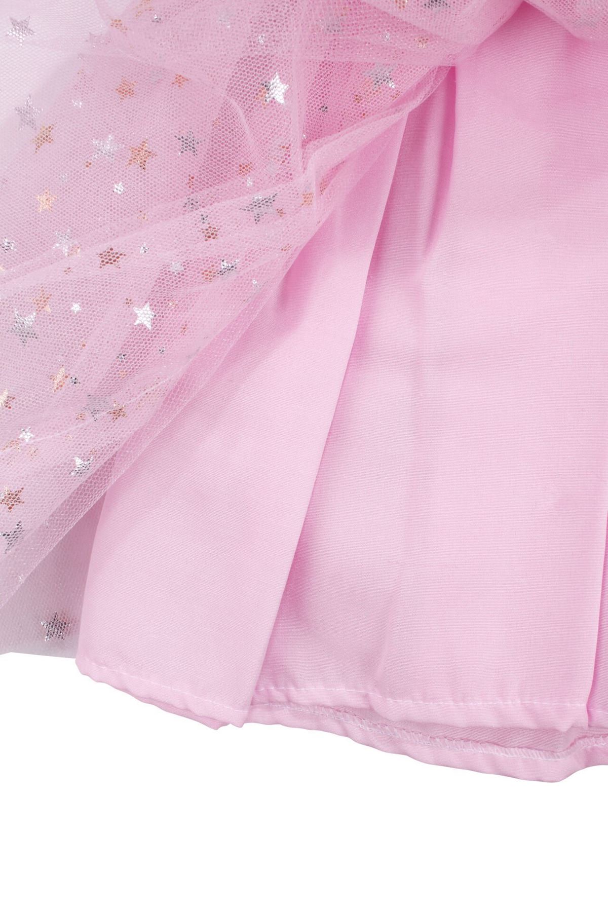 Kız Çocuk Pembe Gold Yıldız Desenli Tüllü Elbise