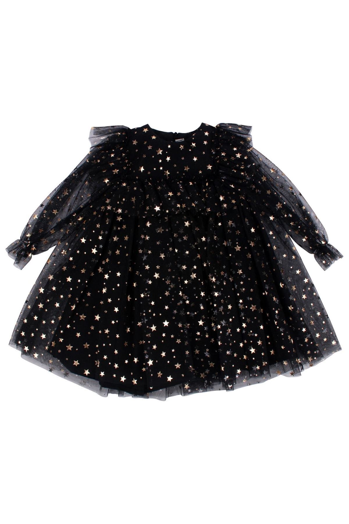 Kız Çocuk Siyah Gold Yıldız Desenli Tüllü Elbise