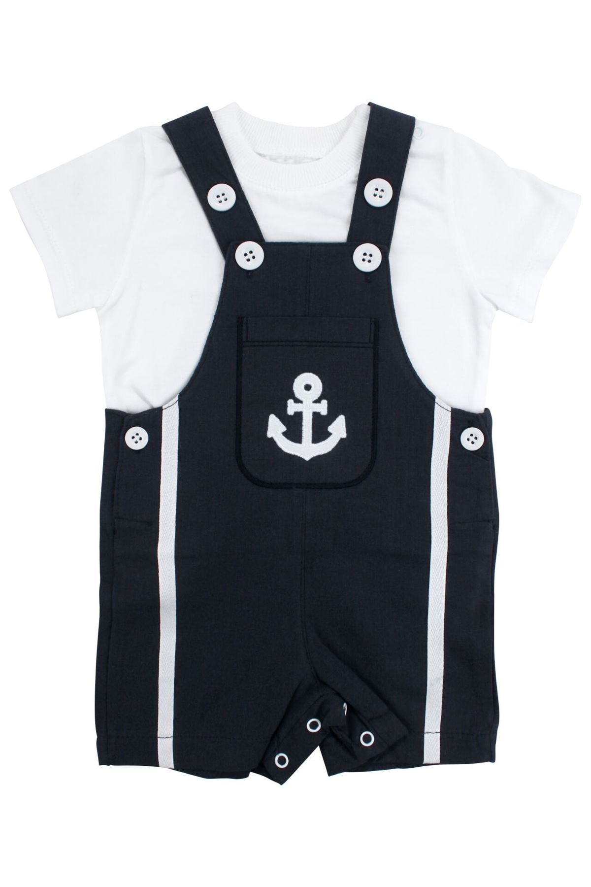 Erkek Bebek Ekru Laci Denizci Desen Salopet Takım