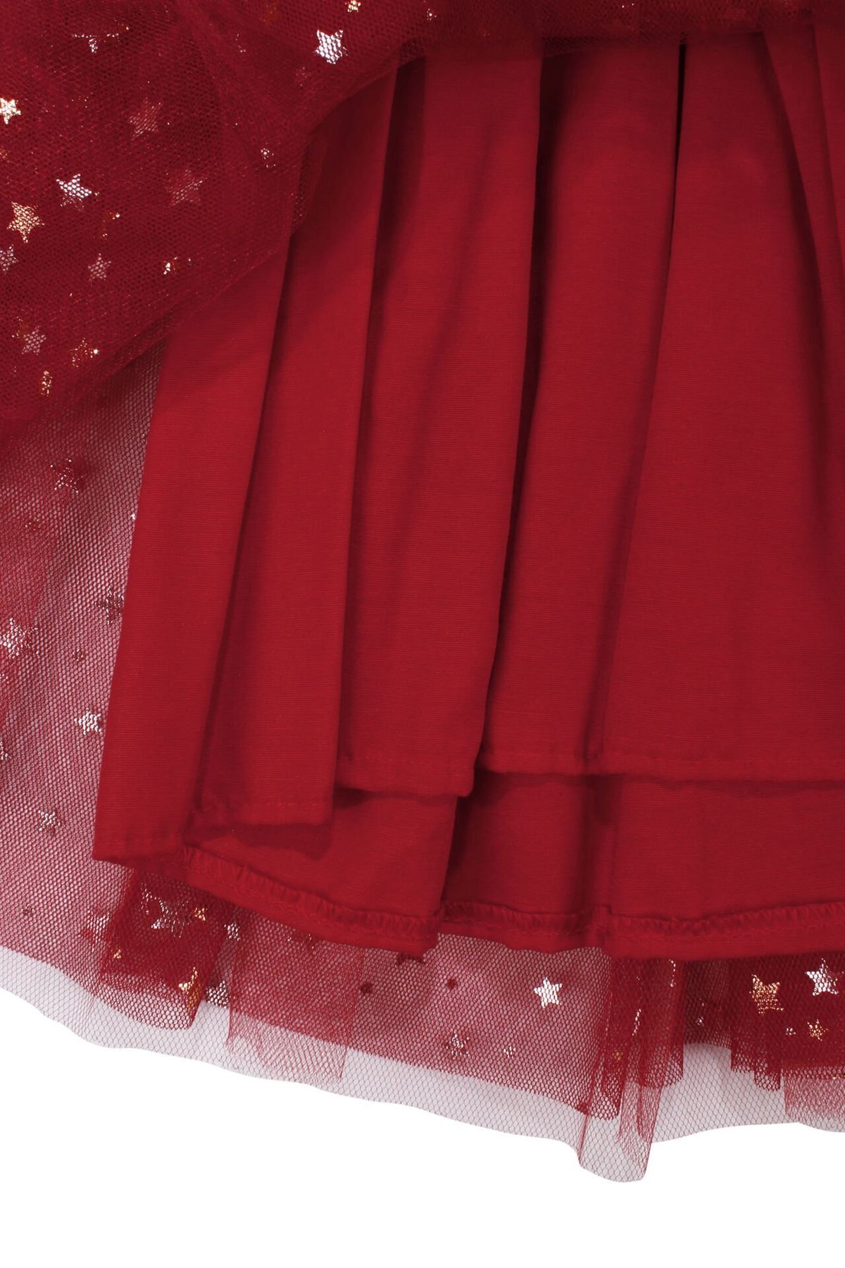 Kız Çocuk Kırmızı Gold Yıldız Desenli Tüllü Elbise