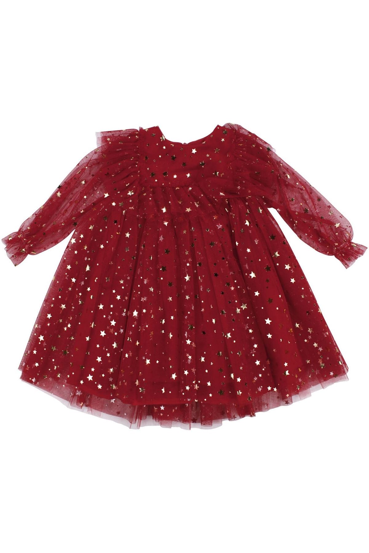 Kız Çocuk Kırmızı Gold Yıldız Desenli Tüllü Elbise