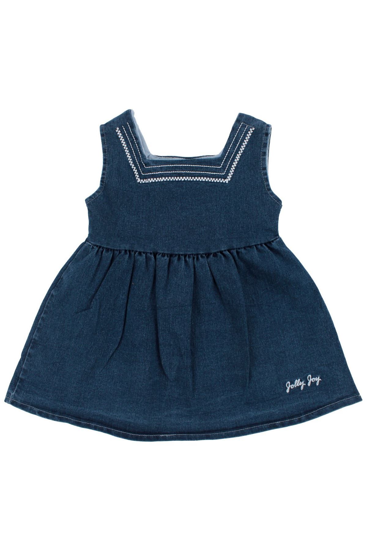 Kız Bebek Beyaz Lacivert Yakası Çiçek Nakışlı Badili Elbise Takım