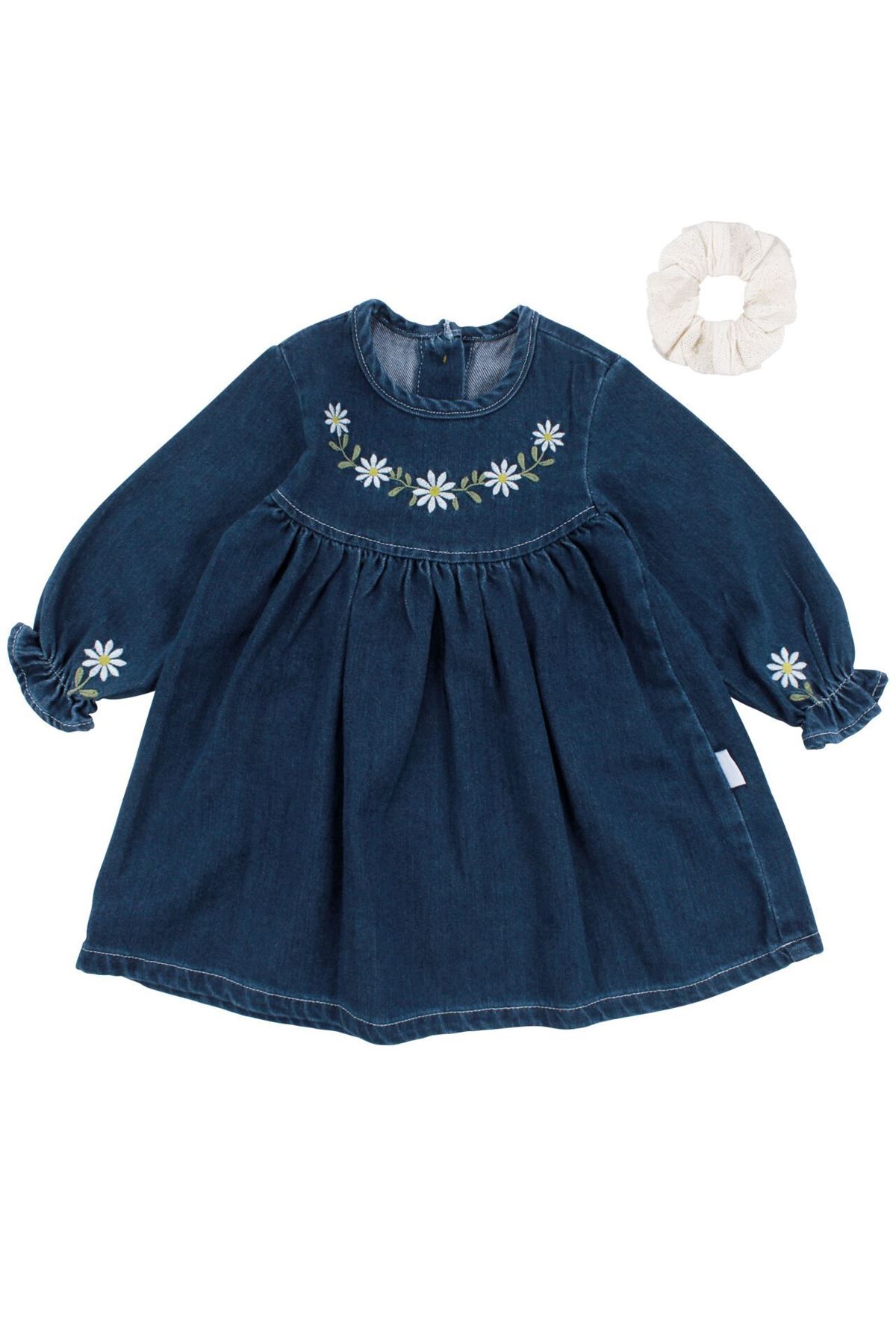 Kız Çocuk Laci Papatya Nakışlı Tokalı Kot Elbise