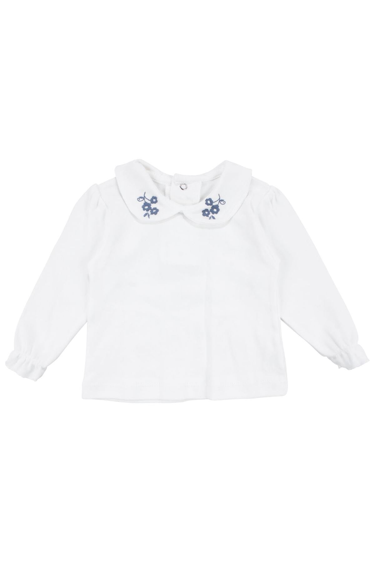 Kız Bebek Beyaz Lacivert Yakası Çiçek Nakışlı Badili Elbise Takım