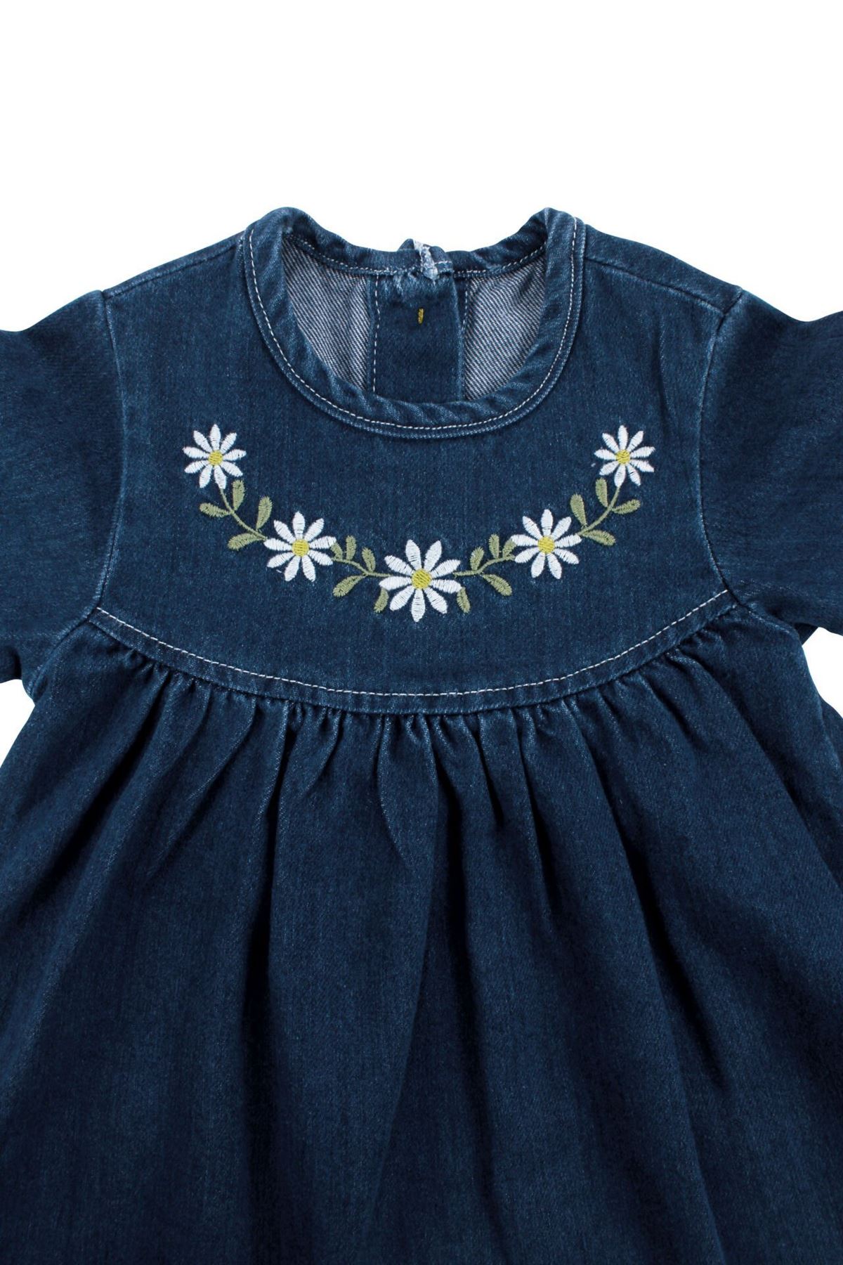 Kız Çocuk Laci Papatya Nakışlı Tokalı Kot Elbise