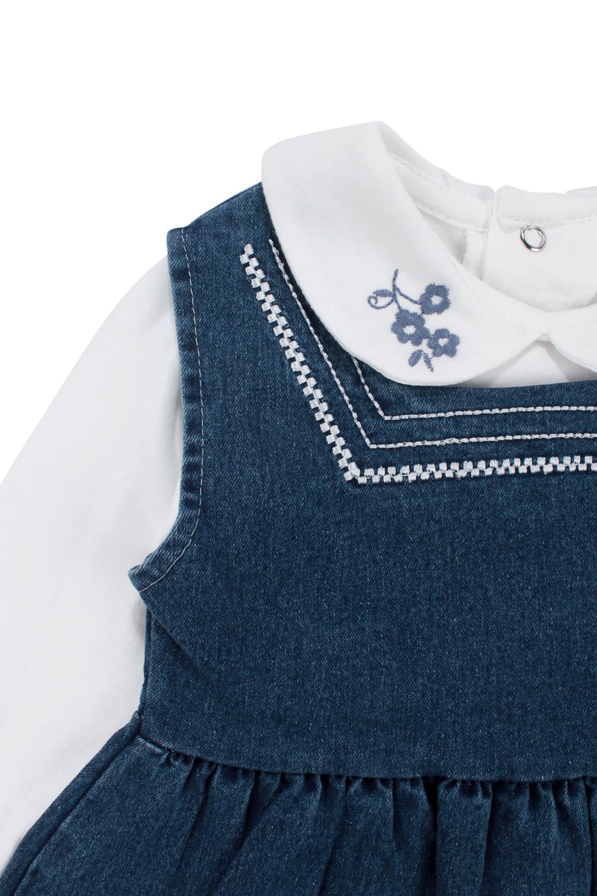 Kız Bebek Beyaz Lacivert Yakası Çiçek Nakışlı Badili Elbise Takım